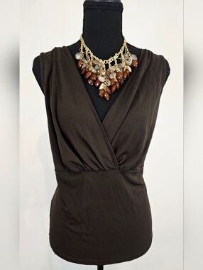 ANN TAYLOR Brown Sleeveless Draped Blouse Wrap Career Work Minimalist